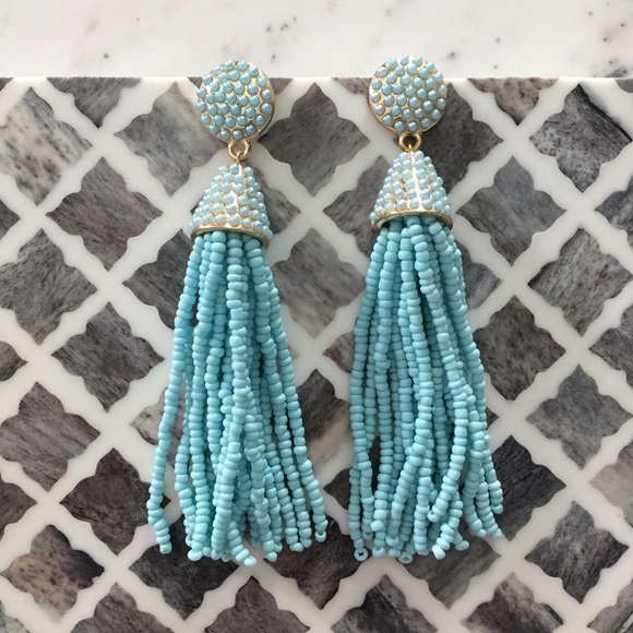 "Carmen" Earrings || Sky Blue Tassel Statement - Picture 2 of 9