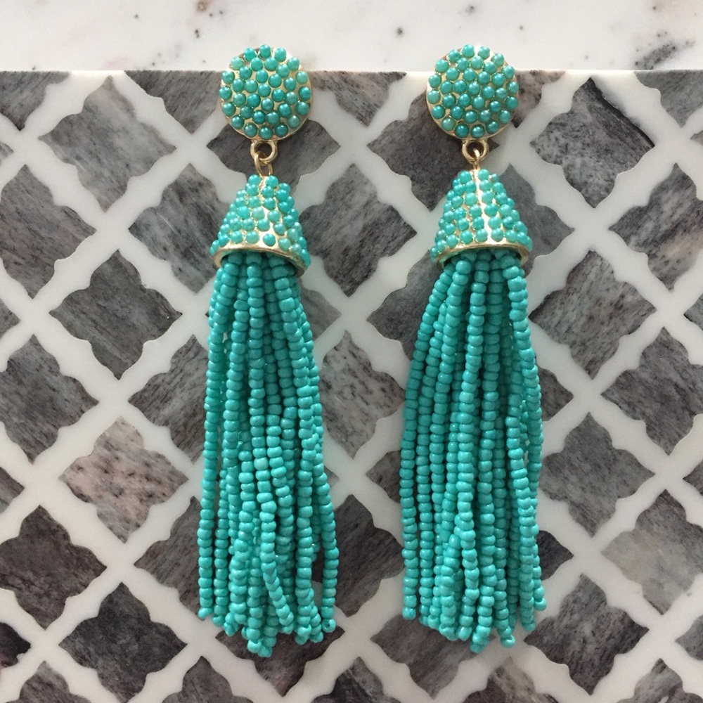 "Carmen" Earrings || Aqua Blue Tassel Statement - Picture 2 of 9
