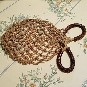 Vintage hand knotted leather handle rope bag