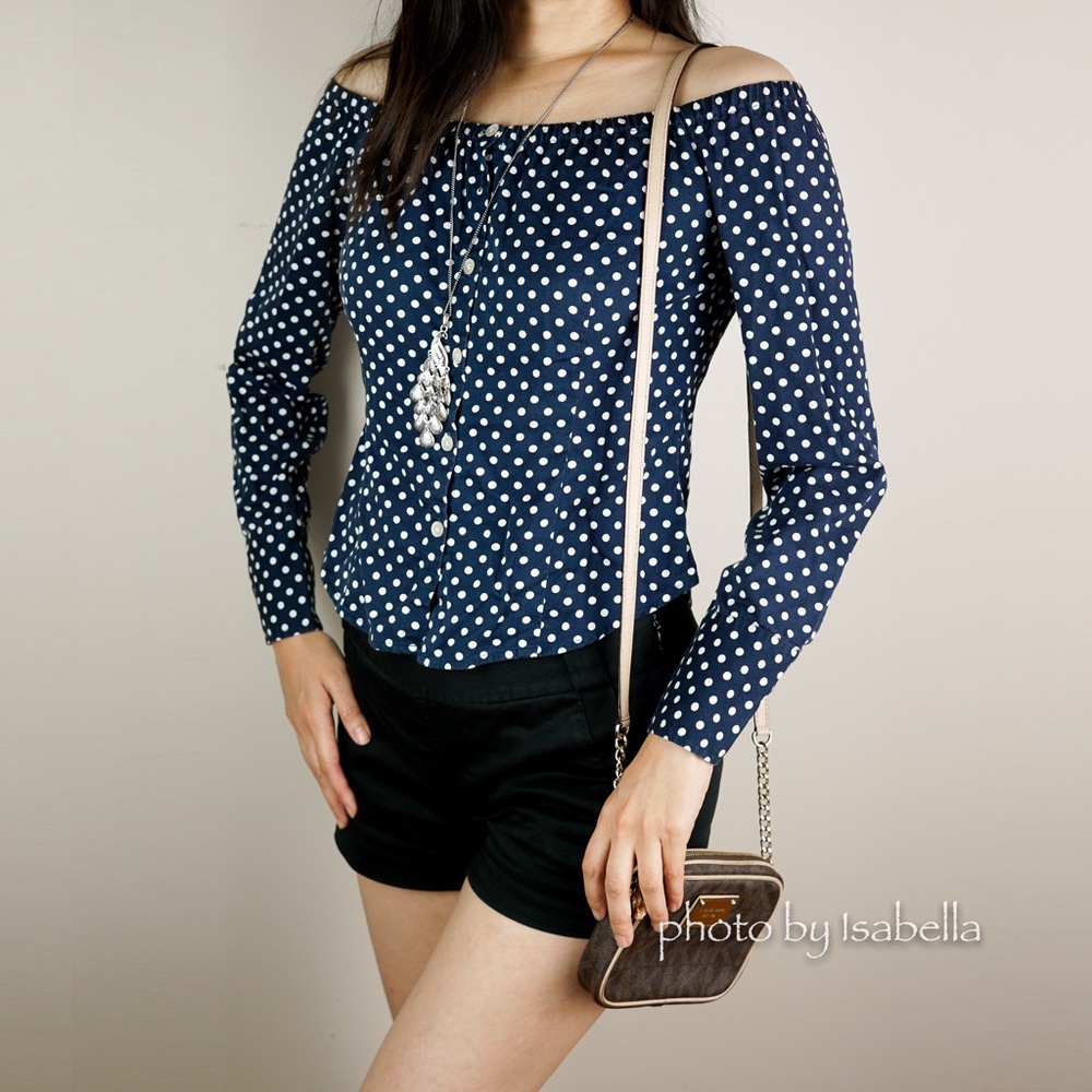 Ralph Lauren Polka Dot Navy Crop Top Blouse Petite