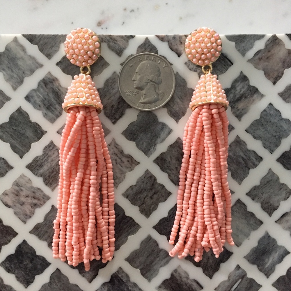 "Carmen" Earrings || Coral Pink Tassel Statement - Picture 4 of 9