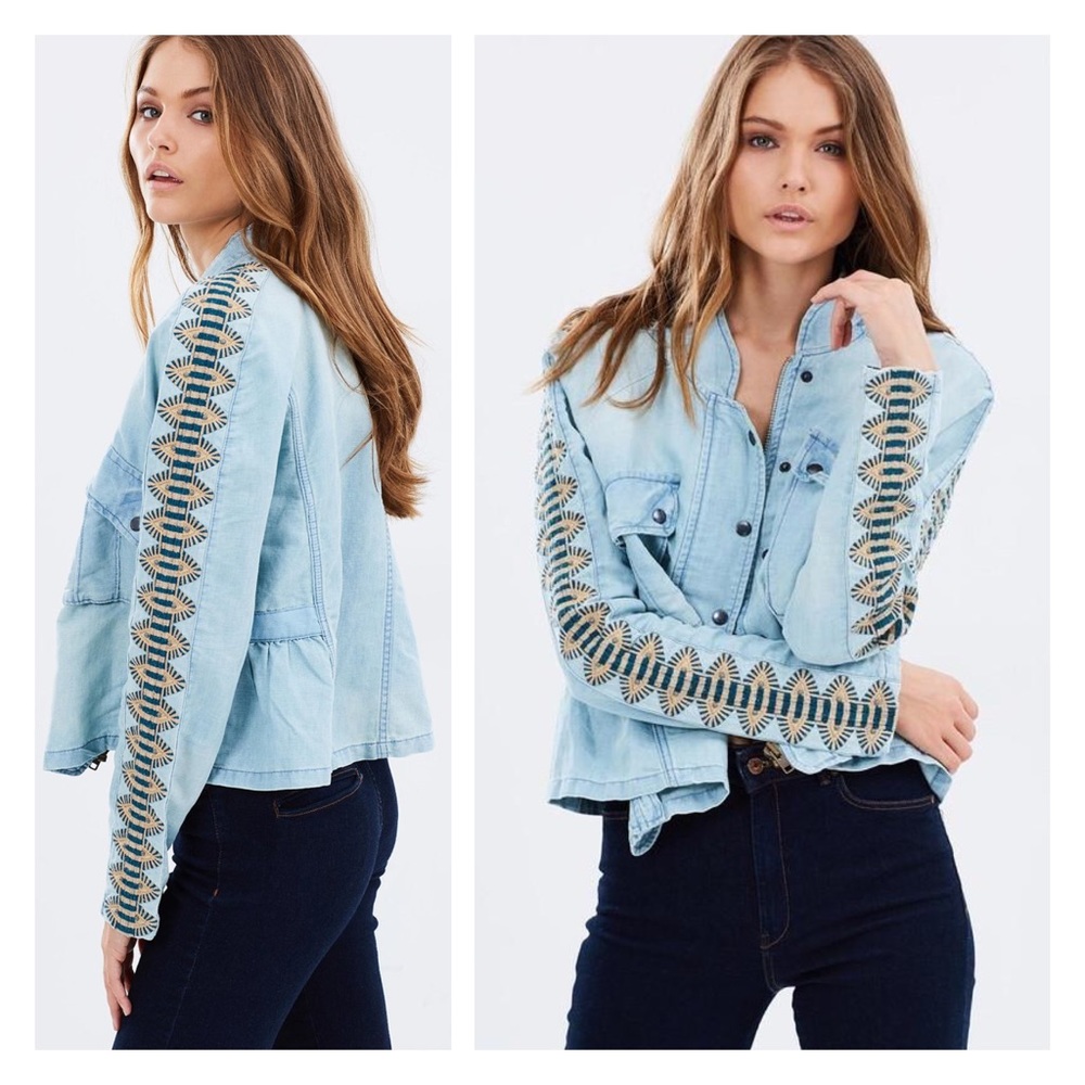 free people • embroidered linen chambray jacket - Picture 2 of 3