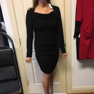 T Tahari Black Long Sleeved Ruched Dress