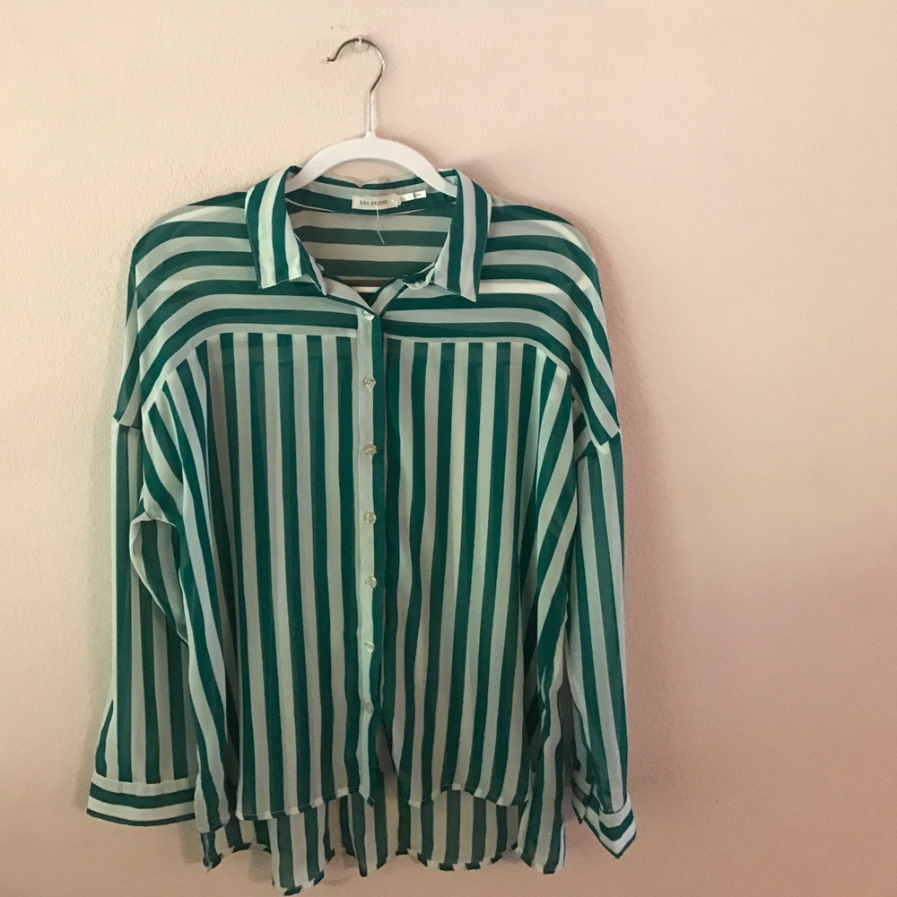 Green/White striped button up long sleeve blouse