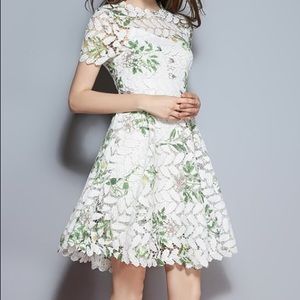 White lace A line dress with leaf print