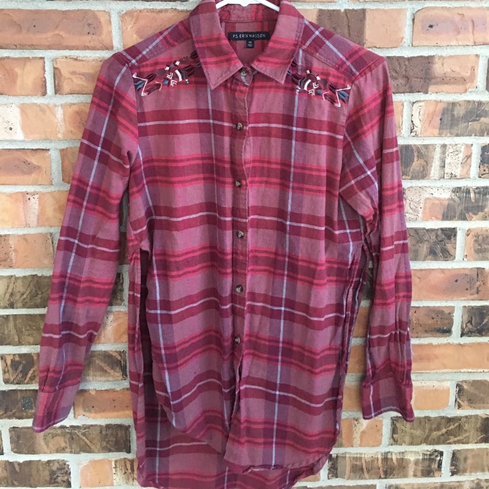 Long-line flannel with embroidery