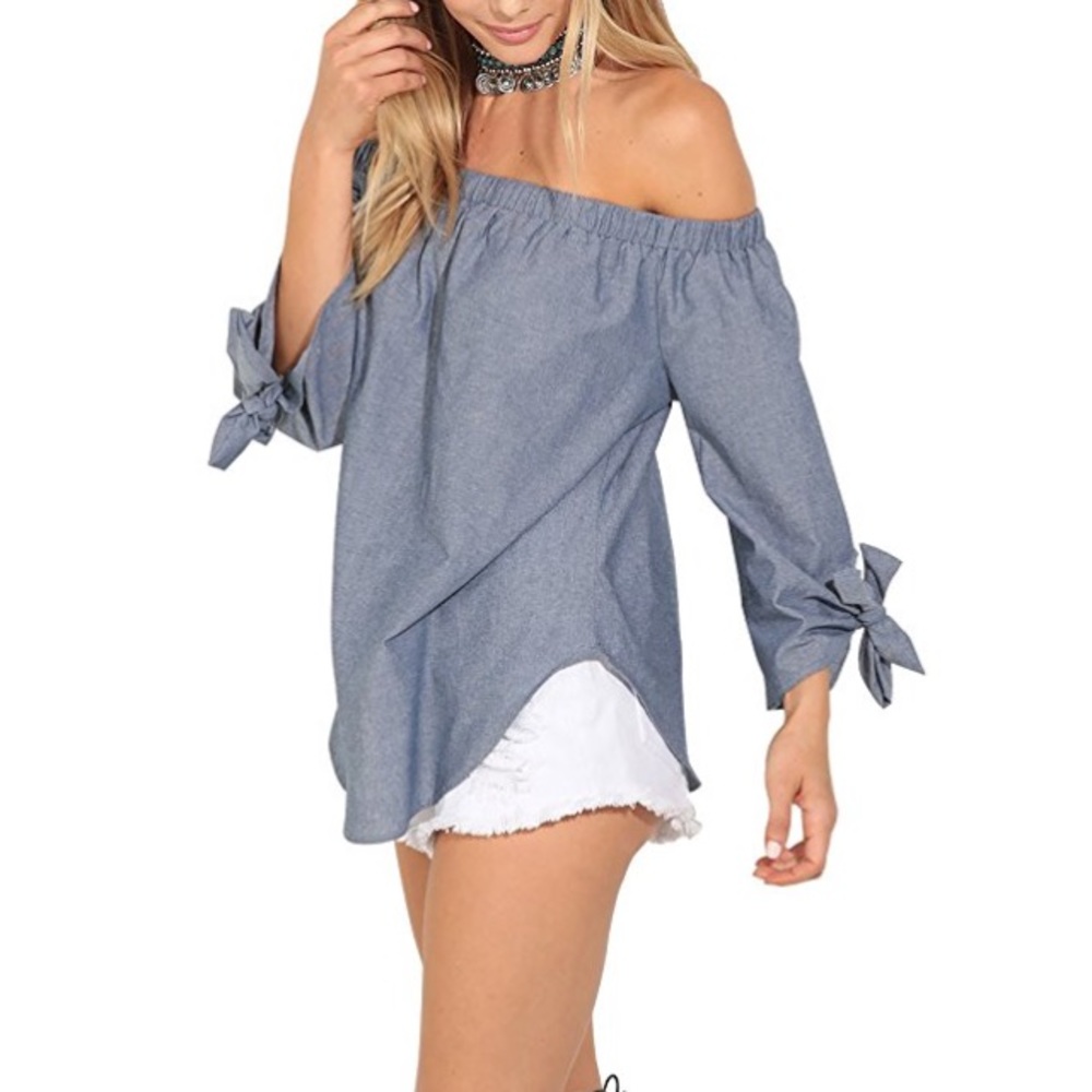 💥 RESTOCKED Off Shoulder Chambray Tie Sleeve Top - Picture 2 of 4