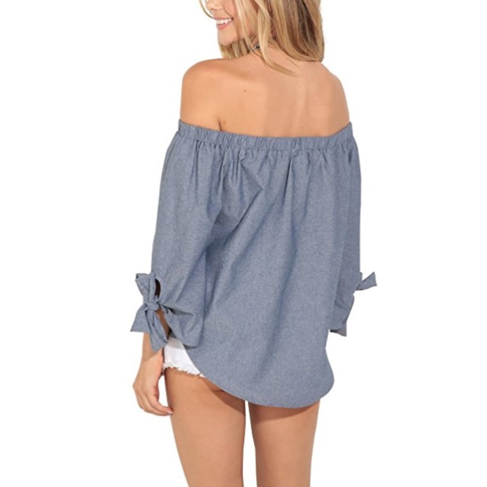 💥 RESTOCKED Off Shoulder Chambray Tie Sleeve Top - Picture 3 of 4