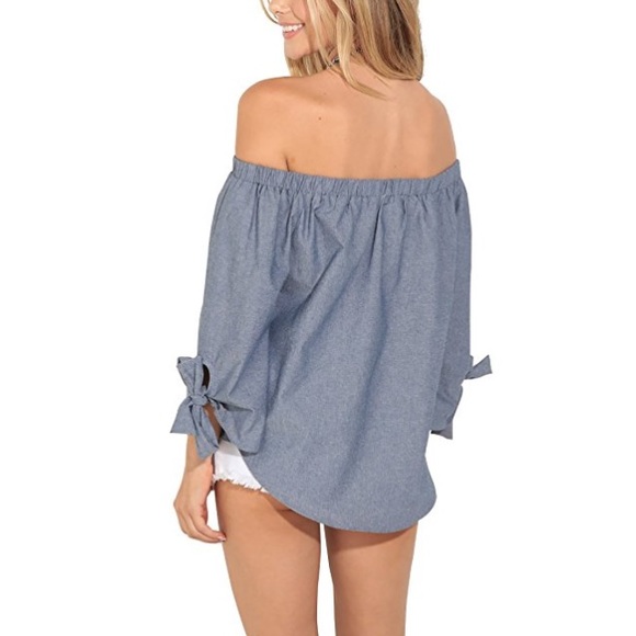 π₯ RESTOCKED Off Shoulder Chambray Tie Sleeve Top - Picture 3 of 4