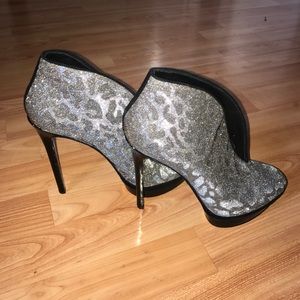 Brian Atwood shiny leopard print boot heels