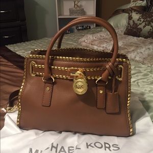 Michael Kors brown leather tote with gold accent