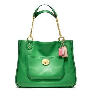 COACH Poppy Leather Medium Chain Tote in Green