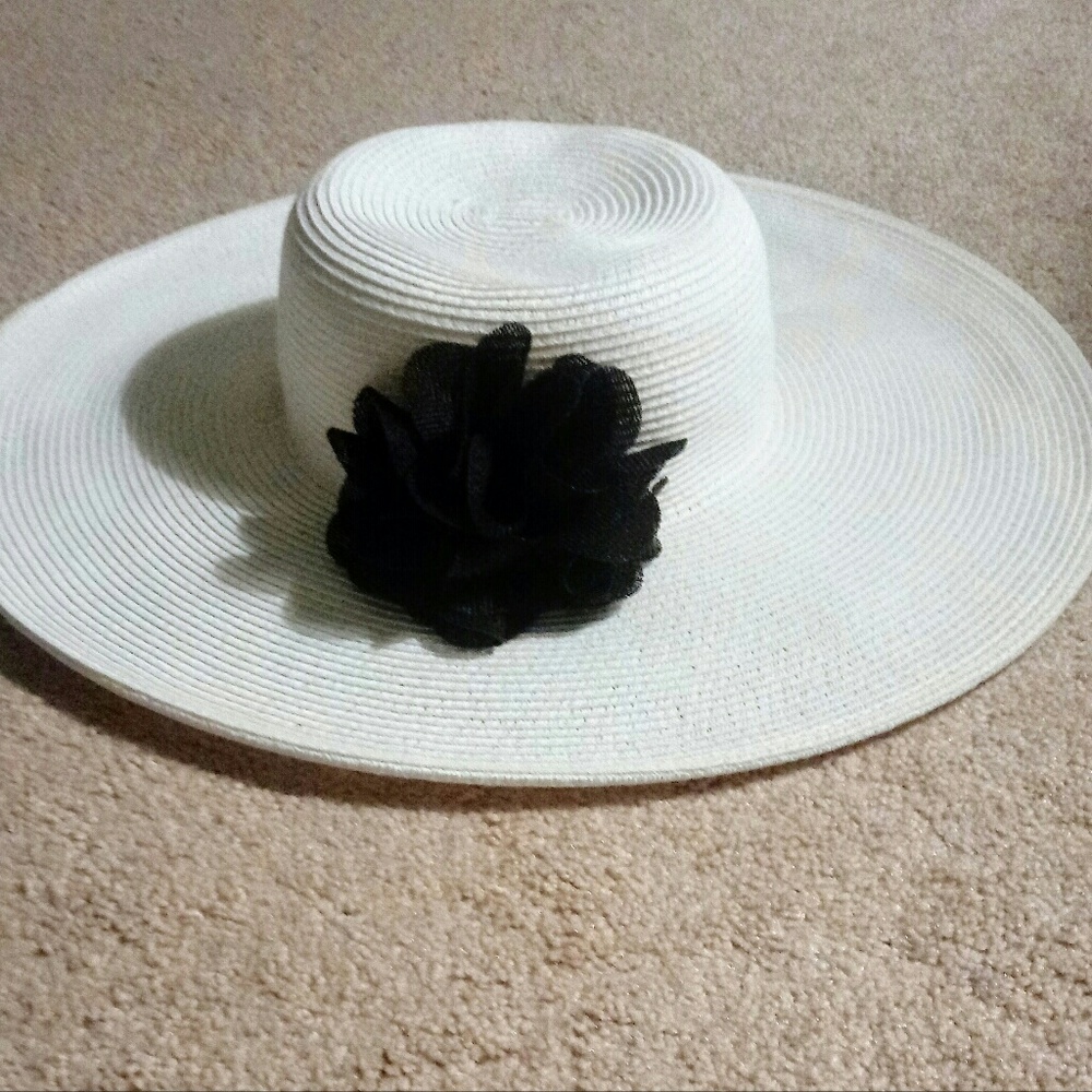 White Derby Hat/ Sun Hat with Black Flower
