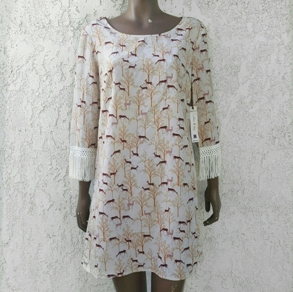 Willow & Clay Boho Deer Printed Dress with Fringe
