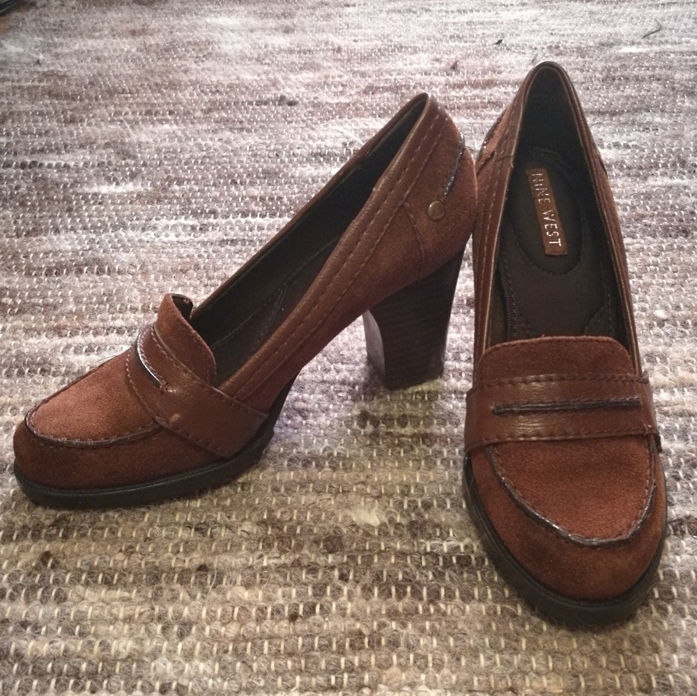 Leather and suede block heels. (Reposh)