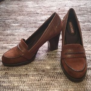 Leather and suede block heels. (Reposh)