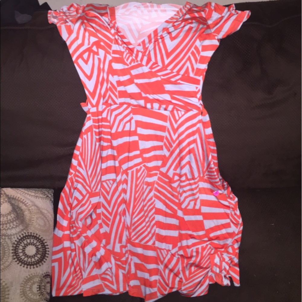 Orange and gray wrap dress