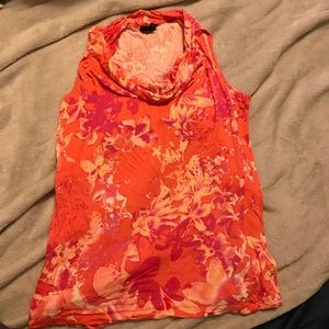 Bright coral cowl neck top