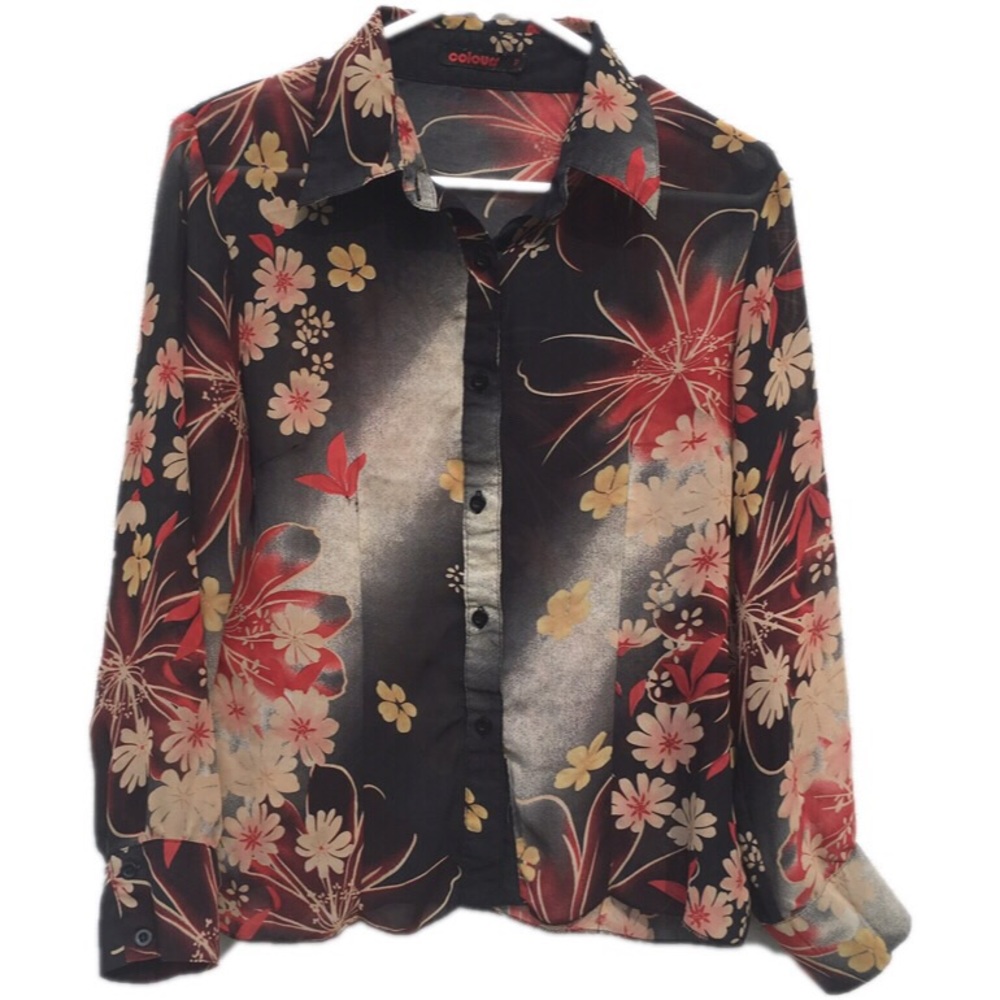 Floral see through long sleeve blouse