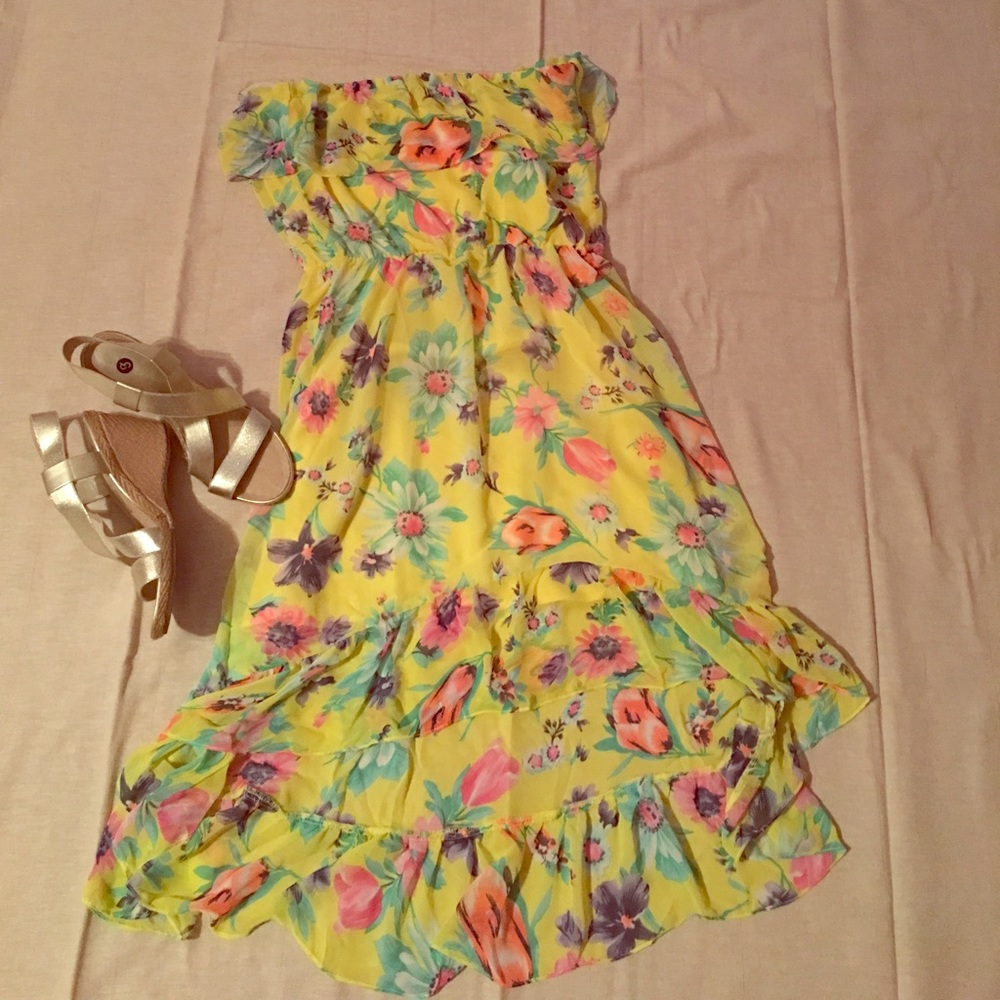 Floral high low strapless dress