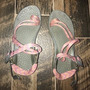 Gray and pink chacos