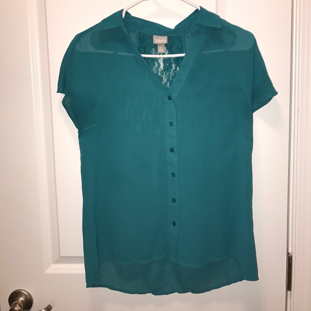 Chiffon Lace Back Button Down Top