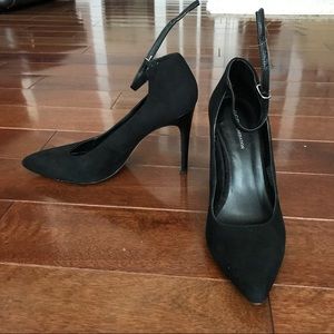 BCBG black suede ankle strap heels