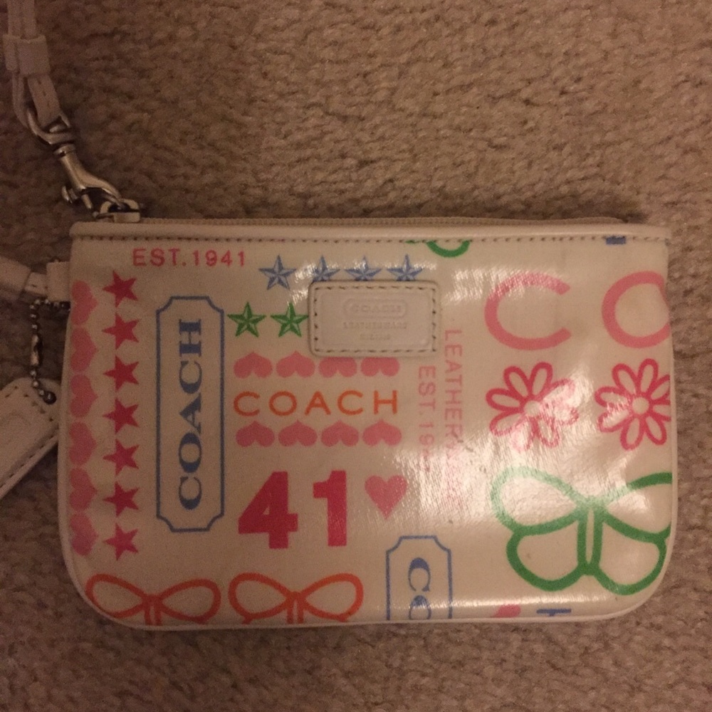 Coach White Wristlet with Colorful Text and Print