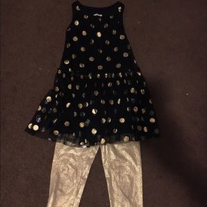 Black mesh gold polka dot dress with gold leggings