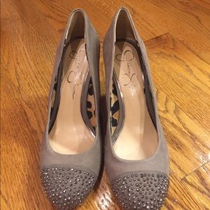 Gray suede  with rhinestones on toe on shoes