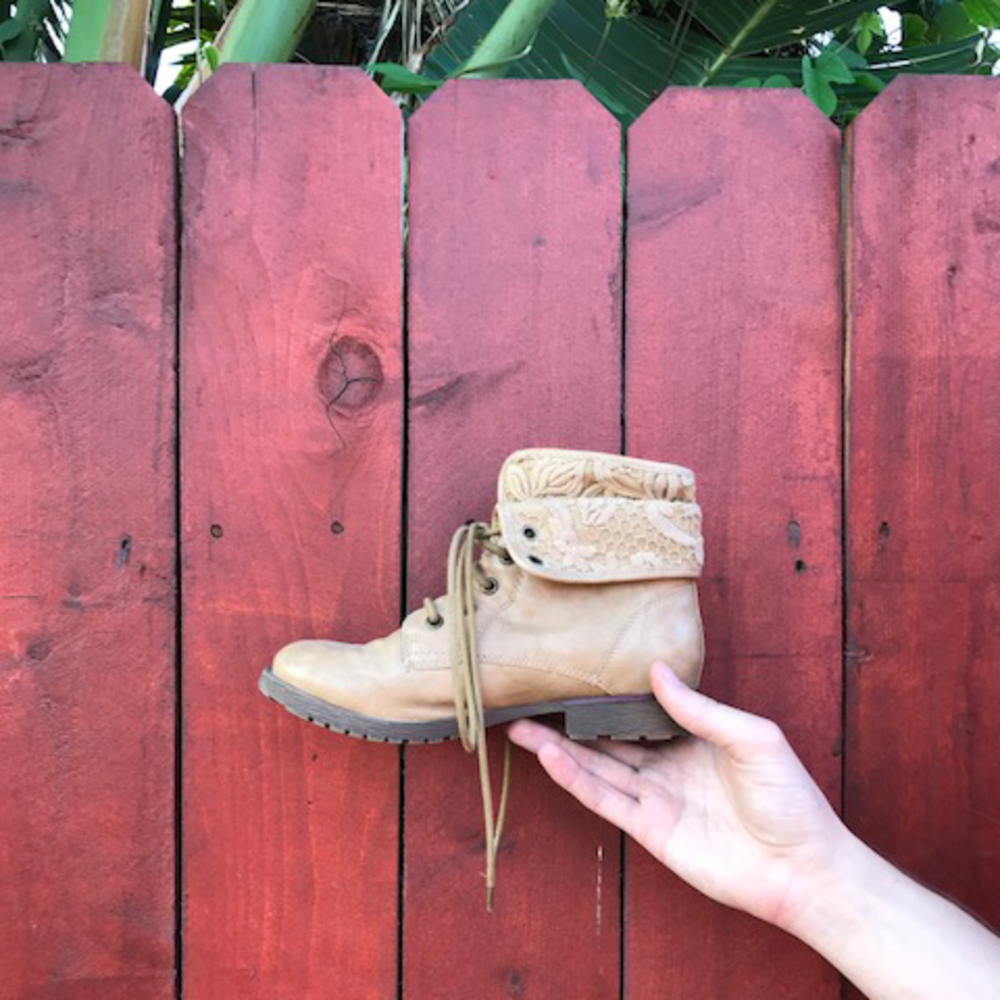 tan lace up boots with cute lace design