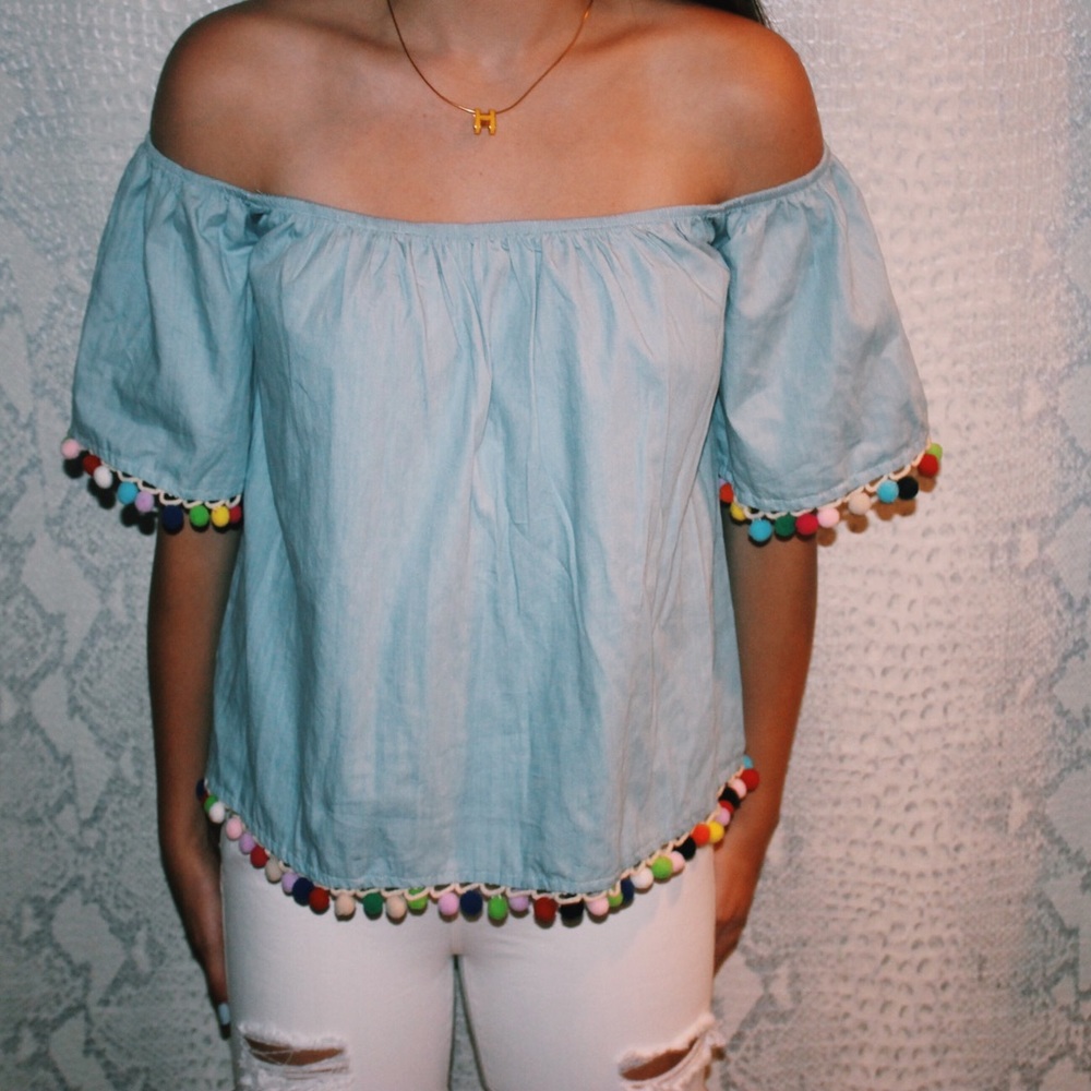 Pom Pom Denim Off-The-Shoulder Top