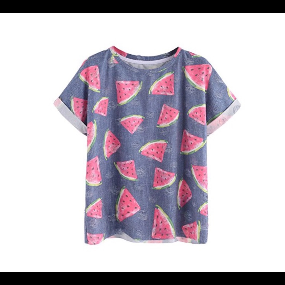Watermelon Print Ripped Rolled T-Shirt Sz S-M-L