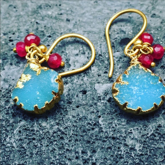 Handmade Blue Lagoon Druzy & rubi earrings - Picture 2 of 5