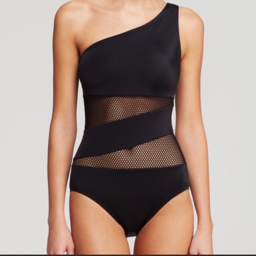 Black mesh one piece swim VS
