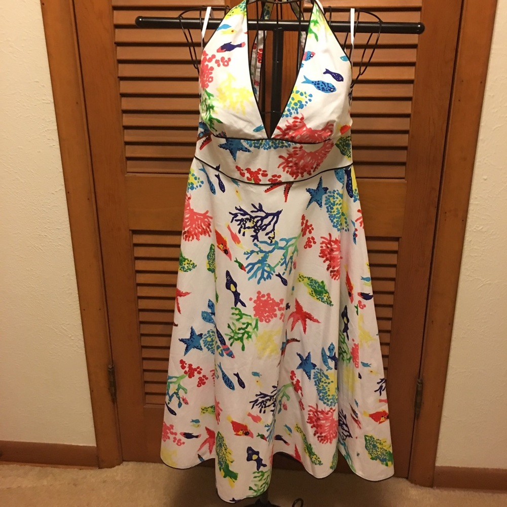 J. Crew, size 8, white print, halter dress.
