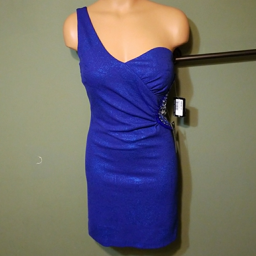 NWT  Embell,ished Blue Shimmer One Shoulder Dress