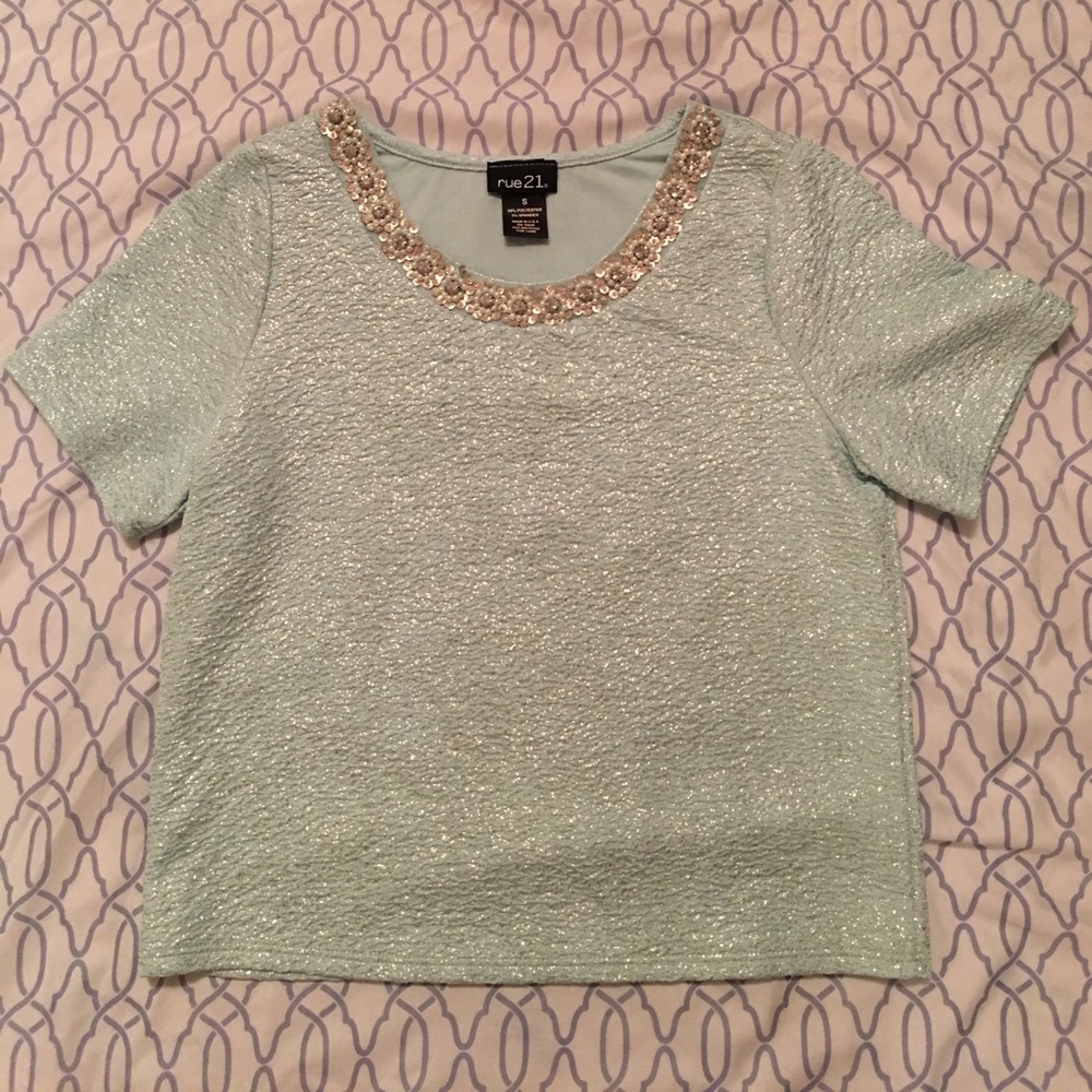 Mint Green Shimmery, Textured Embellished Top