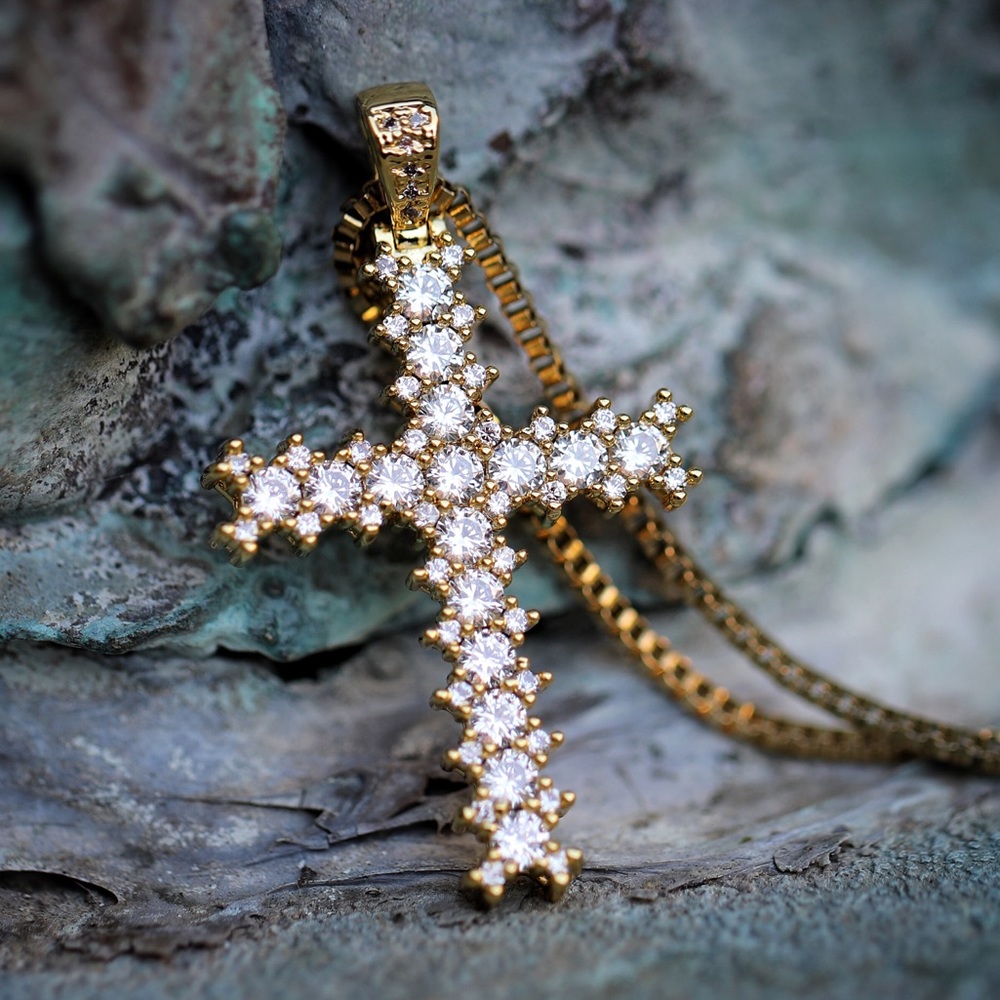 Gold Lab Diamond Princess Cut Cross Necklace