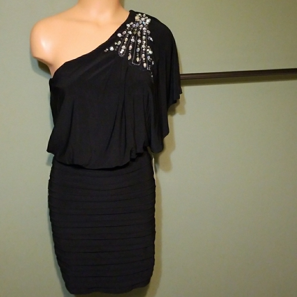 NWD Embellished Black Blouson One Shoulder Dress