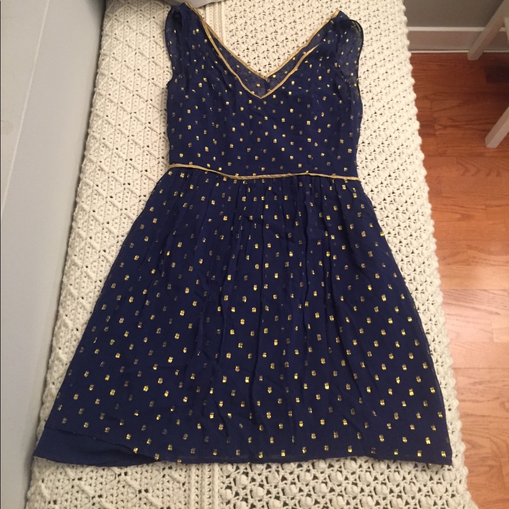 Blue with gold trim and print sun dress