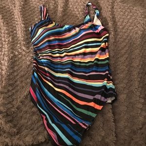 Black bathing suit with multi color stripes