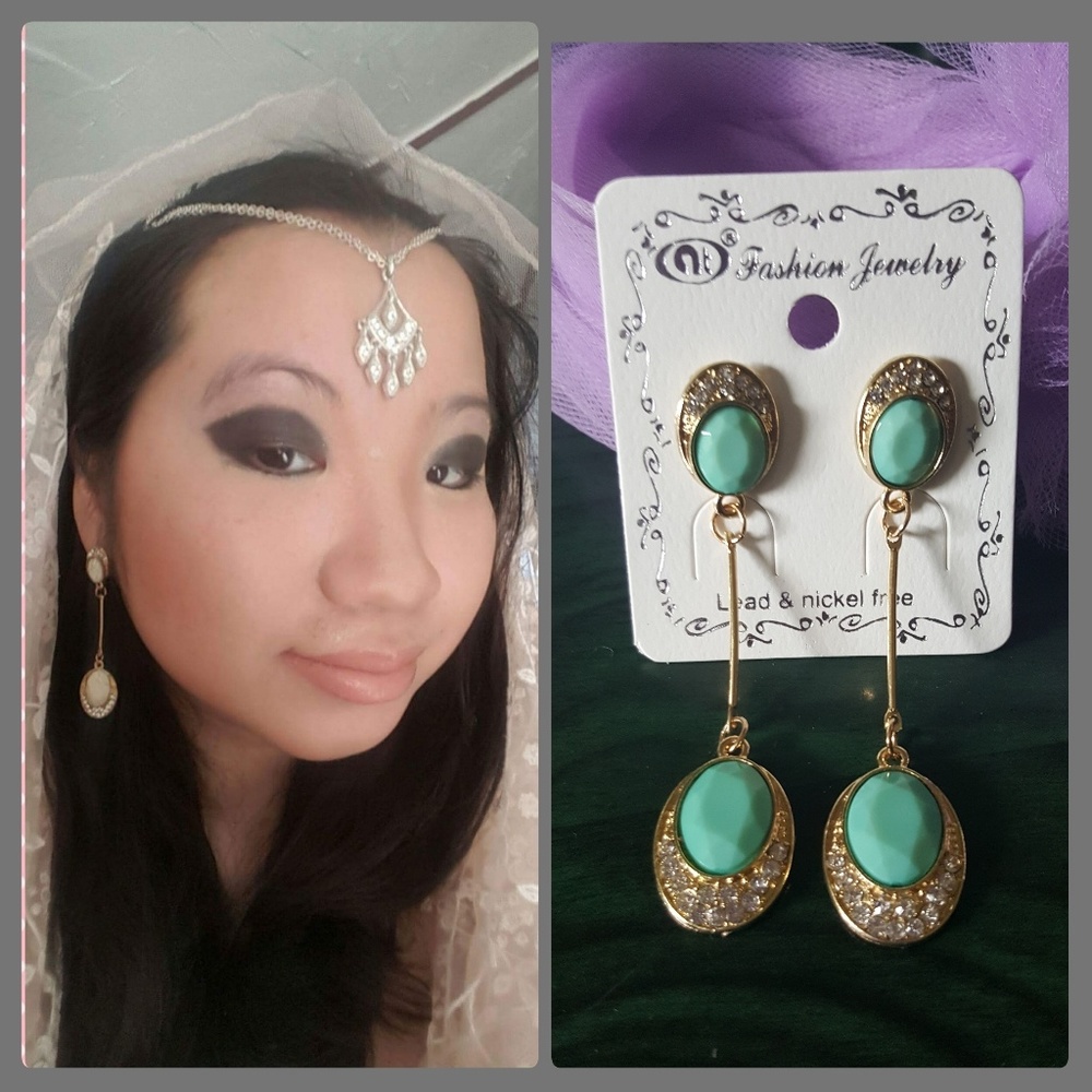 Green Double Gem and Stone Earrings~NWT