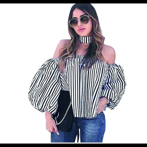 Off Shoulder Stripped Top with Choker Sz S-M-L-XL - Picture 1 of 4