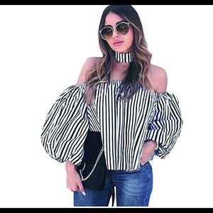 Off Shoulder Stripped Top with Choker Sz S-M-L-XL