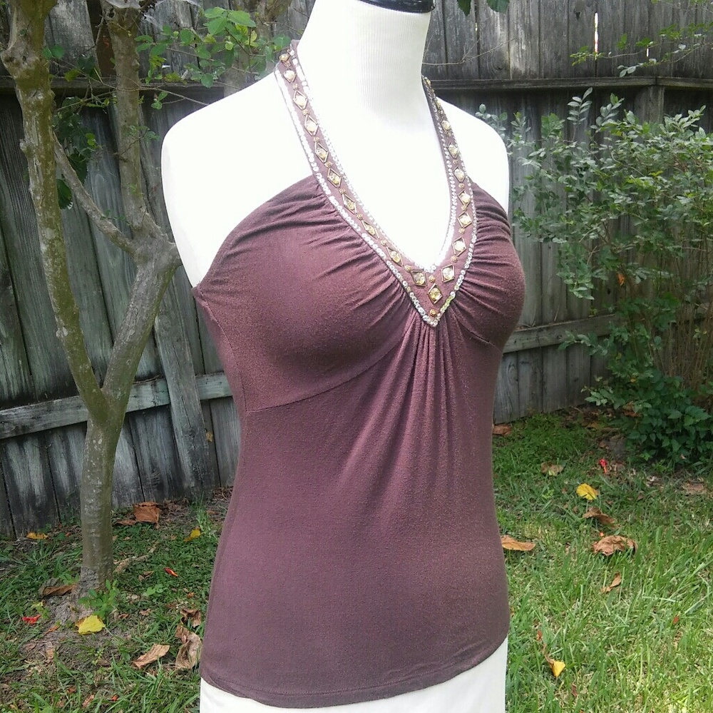 Brown Blinged Tie Back Halter Top