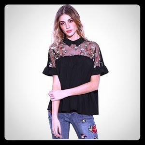 Embroidered Sheer Ruffle Collard Blouse Sz S-M-L