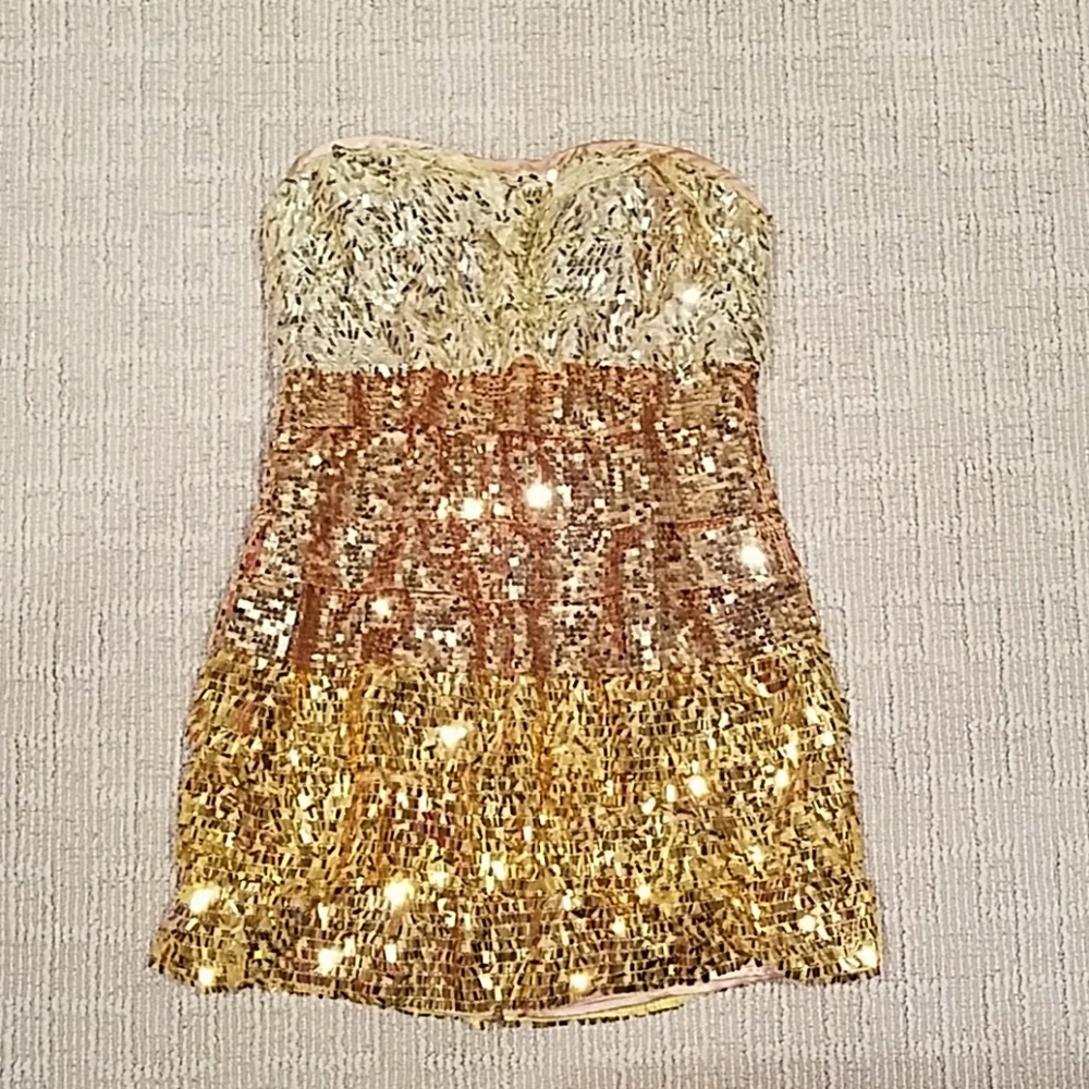 BEBE gold sequin strapless mini dress size S