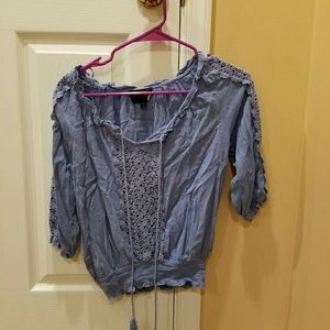 Blue peasant top w crochet detail front and sleeve