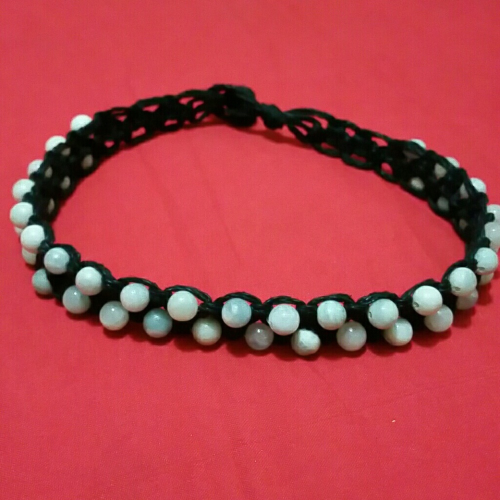 Blue Amozonite and black hemp choker 14"